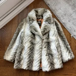 Vintage faux fur coat for sale in Canada ,Vintage gray faux fur coat with button front and wide collar