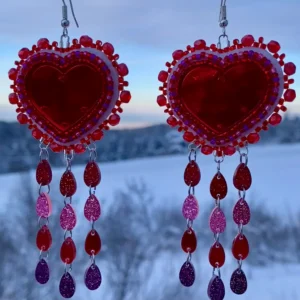 Red Mirror hearts with dangles Earing