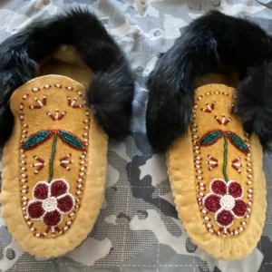 Native Tanned Moosehide Moccasins with Rabbit Fur