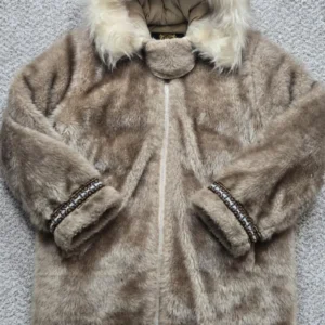 Oversized Hood, Woven Trim - Taupe Faux Fur Winter Jacket